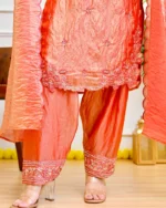 Coral Meher Silk Tissue Farshi Handwork Festive Suit - Image 2