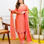 Coral Meher Silk Tissue Farshi Handwork Festive Suit