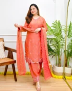 Coral Meher Silk Tissue Farshi Handwork Festive Suit