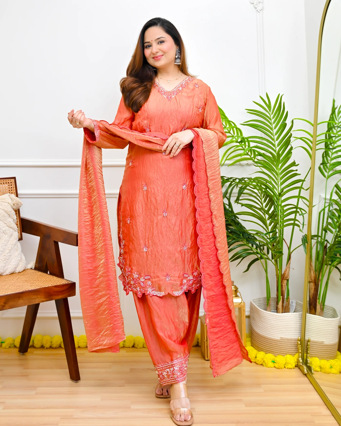 HMP_4089_19217cb5-dfdb-4877-92a5-18b1df6b1294_1400x Coral Meher Silk Tissue Farshi Handwork Festive Suit - Image 1